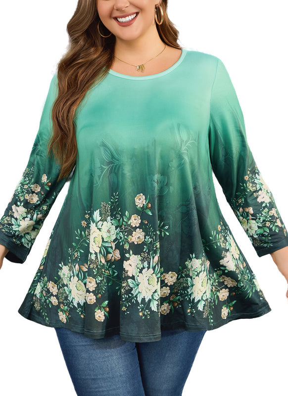 Women's Plus Size Green Floral Tunic Top – 3/4 Sleeve Swing Flare Blouse d5