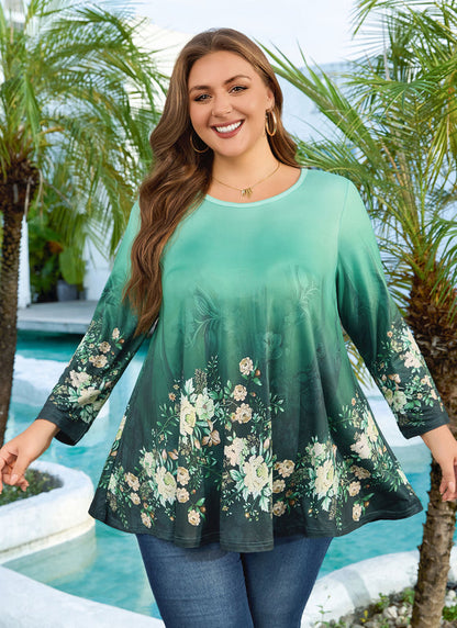 Women's Plus Size Green Floral Tunic Top – 3/4 Sleeve Swing Flare Blouse d5
