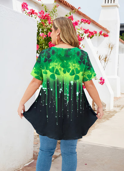 Women's Plus Size Green Leaf Print Tunic Top – Short Sleeve Swing Blouse e17