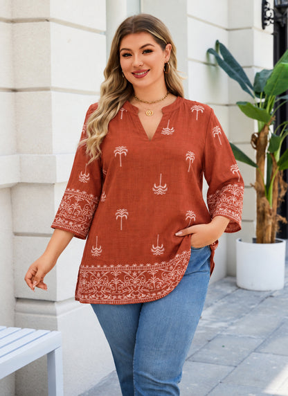 Plus Size Rust Orange Palm Print Split-Neck Tunic
