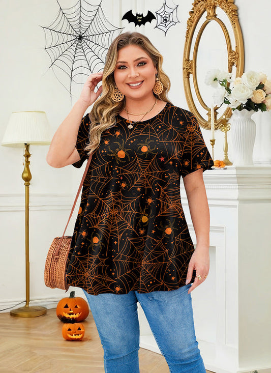 Women's Plus Size Halloween Tunic Top – Short Sleeve Festive Swing Blouse e15