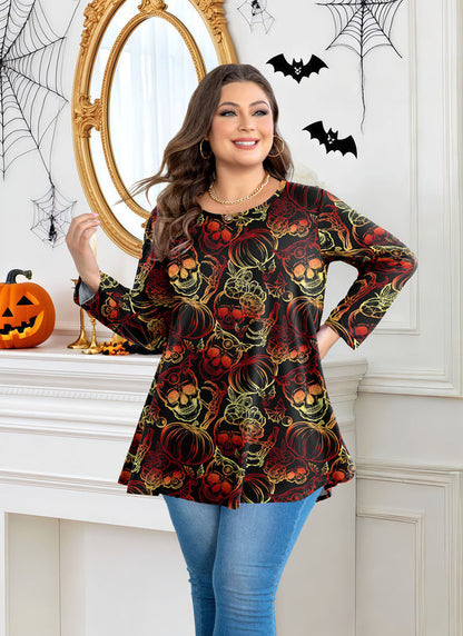 Women's Plus Size Halloween Tunic Top – 3/4 Sleeve Spooky Swing Flare Blouse d24