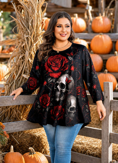 Women's Red & Black Plus Size Swing Tunic Top – 3/4 Sleeve Flowy Blouse A50