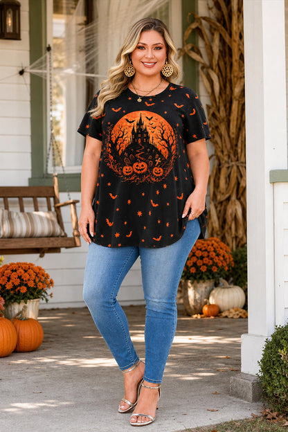 Women's Halloween Black & Orange Tunic Top – Graphic Print, Plus Size E28