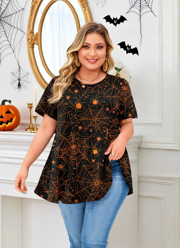 Women's Plus Size Halloween Tunic Top – Short Sleeve Festive Swing Blouse e15