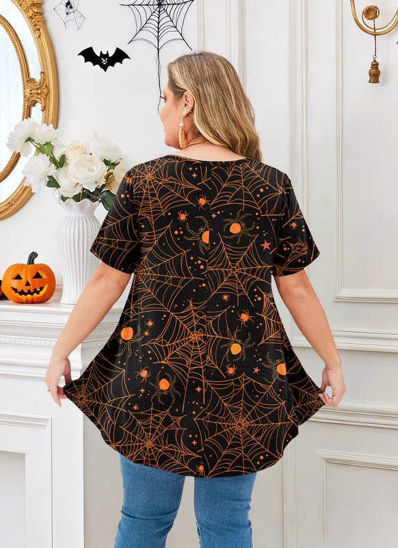 Women's Plus Size Halloween Tunic Top – Short Sleeve Festive Swing Blouse e15