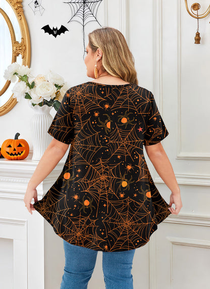 Women's Plus Size Halloween Tunic Top – Short Sleeve Festive Swing Blouse e15