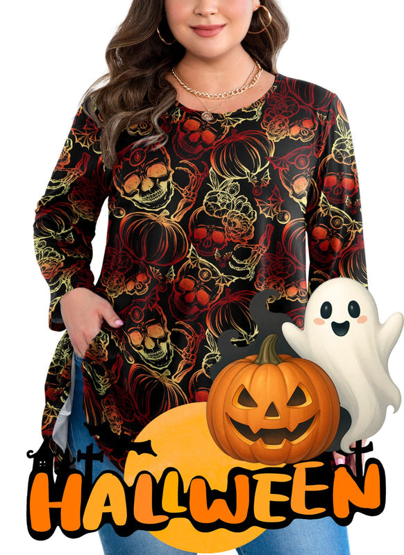 Women's Plus Size Halloween Tunic Top – 3/4 Sleeve Spooky Swing Flare Blouse d24