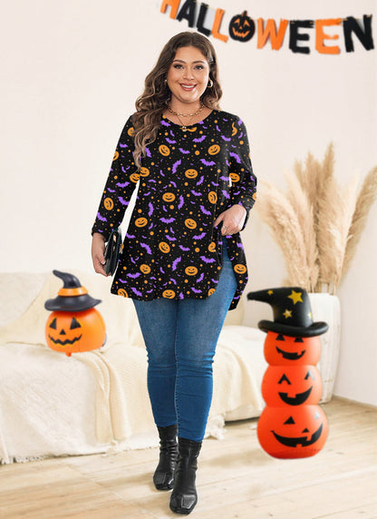 Women's Plus Size Halloween Tunic Top | 3/4 Sleeve Swing Blouse, Flowy Fit, Wear with Leggings – Orange, XL to 4XL A22