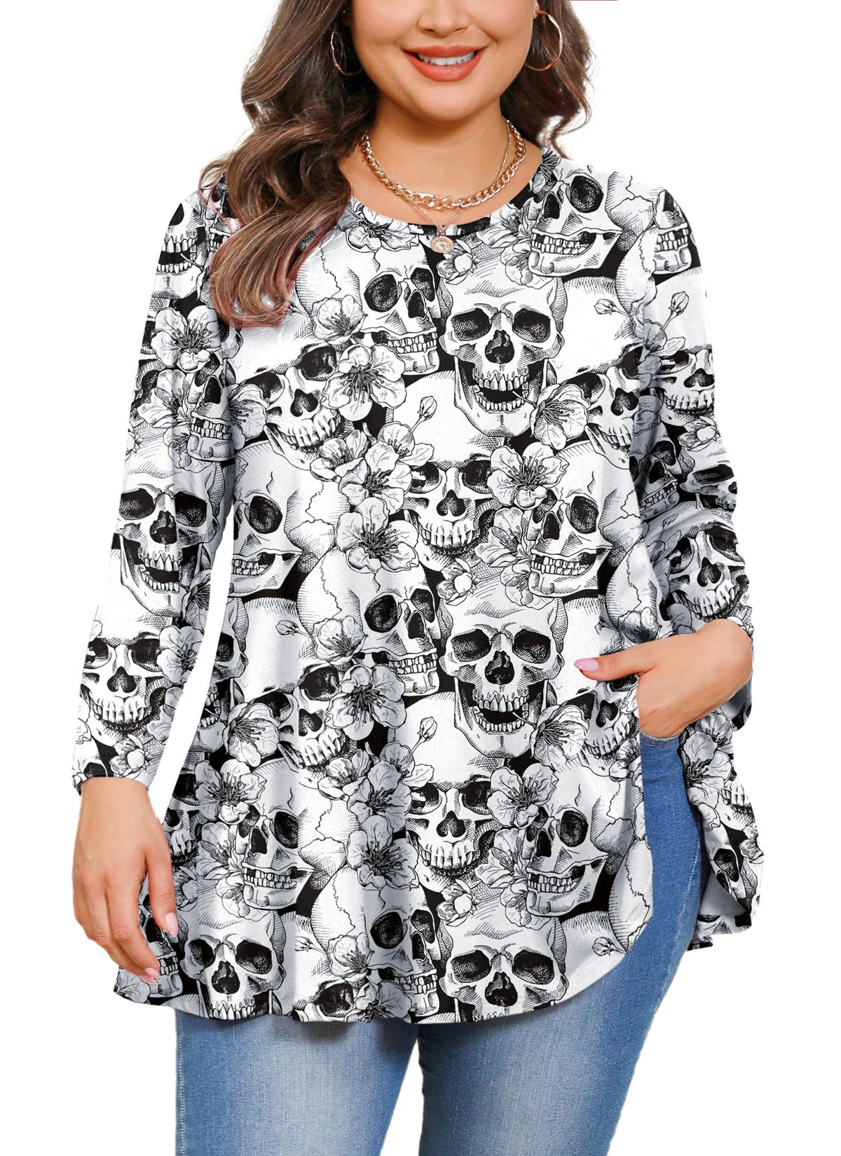 Halloween Skull Floral Print Tunic Top – Women's Plus Size Long Sleeve Swing Blouse (S–7XL) A43