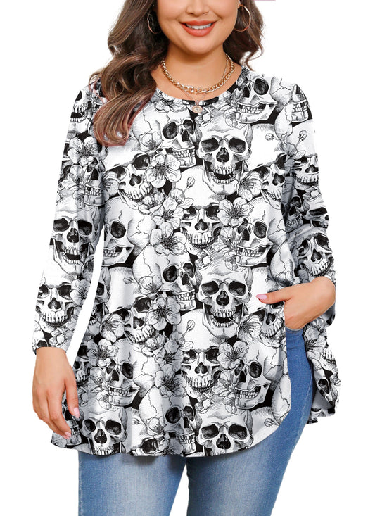Halloween Skull Floral Print Tunic Top – Women's Plus Size Long Sleeve Swing Blouse (S–7XL) A43