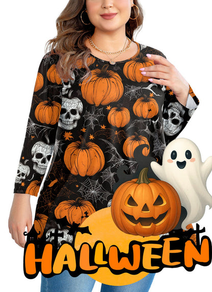 Halloween Pumpkin Skull Print Tunic Top – Women's Plus Size 3/4 Sleeve Swing Blouse (S–7XL) A44