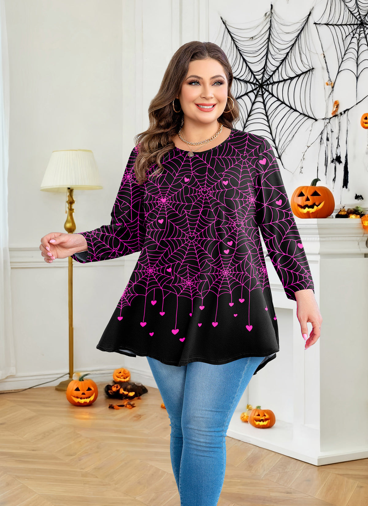 Plus Size Black & Pink Spiderweb Swing Tunic