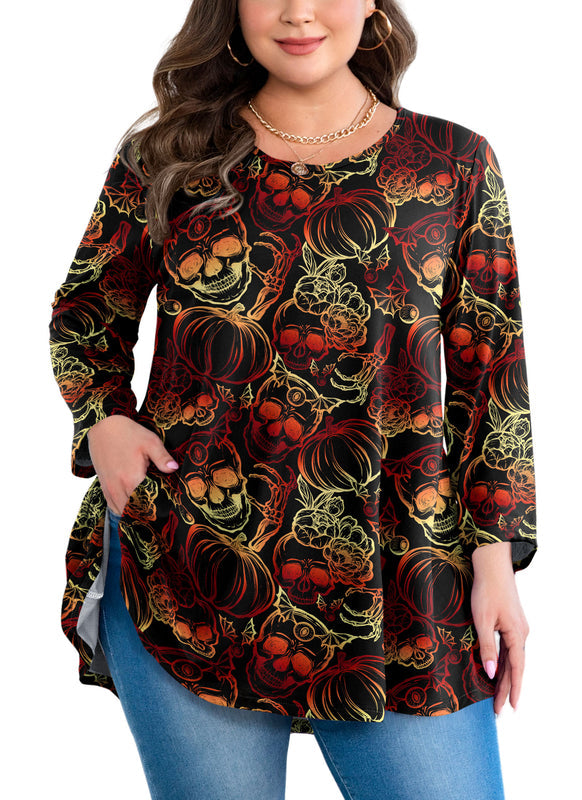Women's Plus Size Halloween Tunic Top – 3/4 Sleeve Spooky Swing Flare Blouse d24