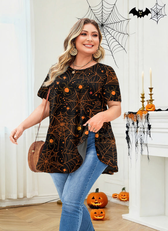 Women's Plus Size Halloween Tunic Top – Short Sleeve Festive Swing Blouse e15