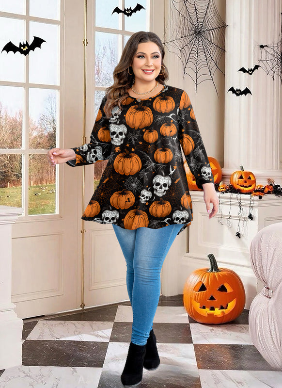 Halloween Pumpkin Skull Print Tunic Top – Women's Plus Size 3/4 Sleeve Swing Blouse (S–7XL) A44