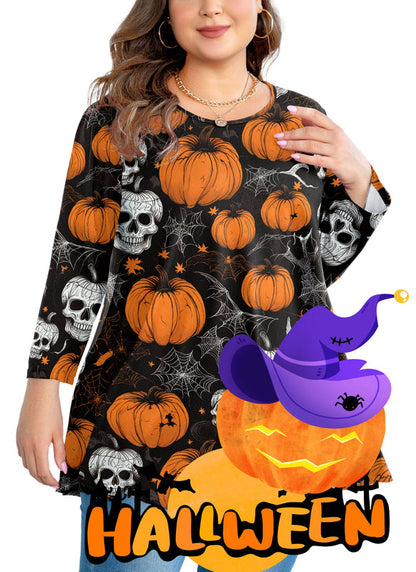 Halloween Pumpkin Skull Print Tunic Top – Women's Plus Size 3/4 Sleeve Swing Blouse (S–7XL) A44