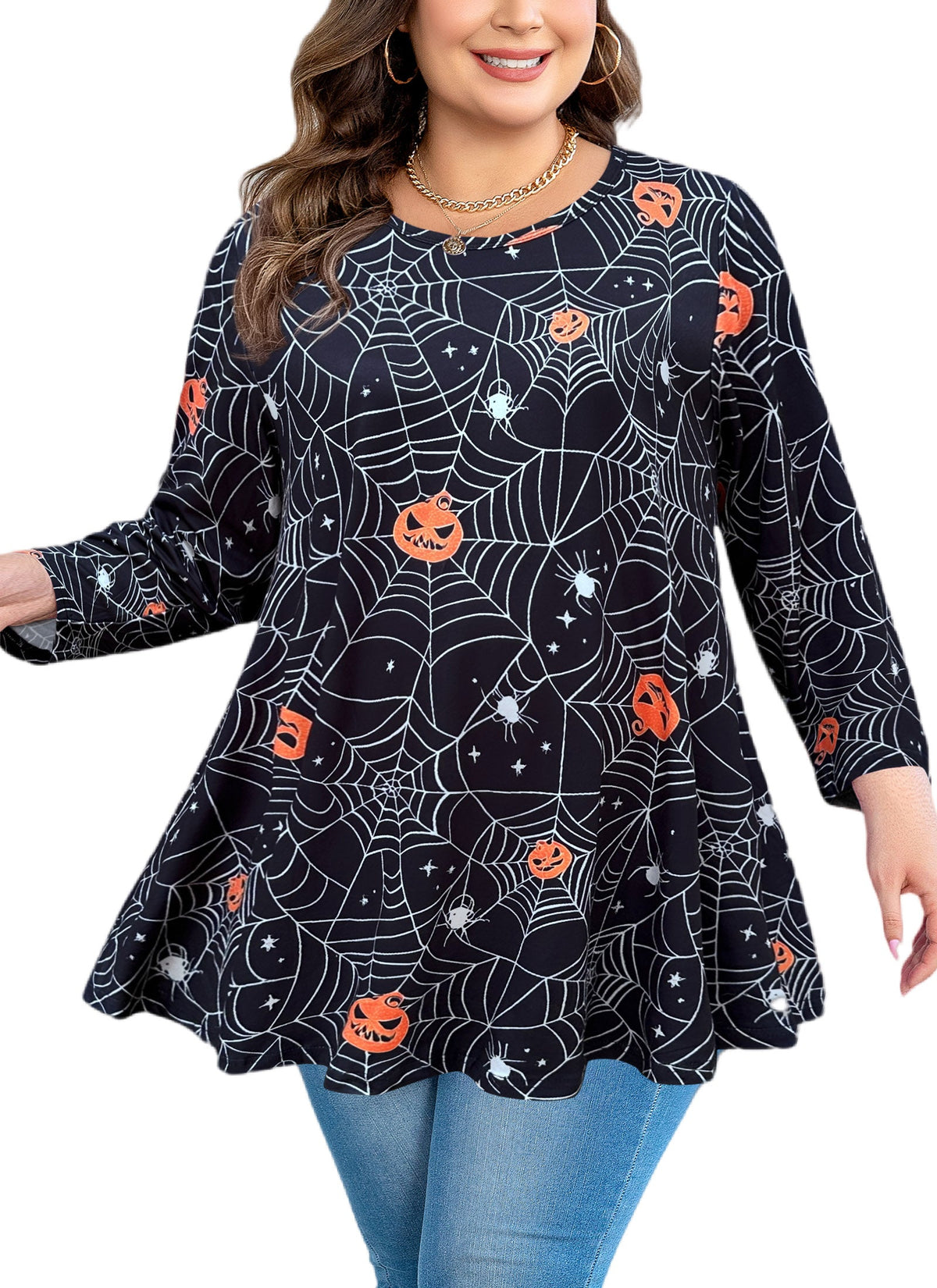 Women's Plus Size Halloween Tunic Top – 3/4 Sleeve Swing Flare Blouse d22