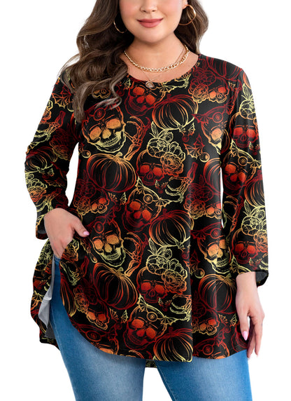 Women's Plus Size Halloween Tunic Top – 3/4 Sleeve Spooky Swing Flare Blouse d24