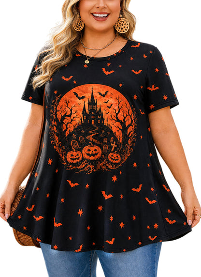 Women's Halloween Black & Orange Tunic Top – Graphic Print, Plus Size E28