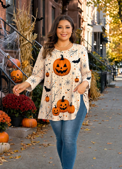 Women's Halloween Pumpkin Tunic Top – 3/4 Sleeve, Plus Size D34