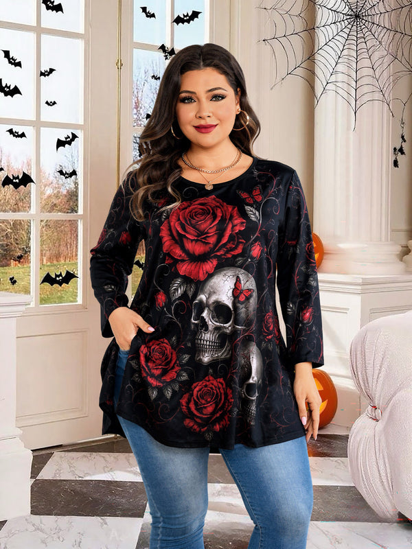 Women's Red & Black Plus Size Swing Tunic Top – 3/4 Sleeve Flowy Blouse A50