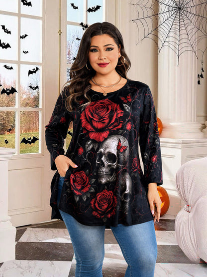 Women's Red & Black Plus Size Swing Tunic Top – 3/4 Sleeve Flowy Blouse A50