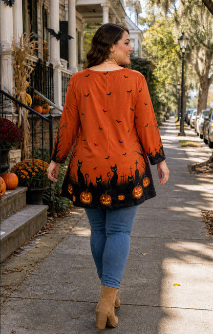 Women's Orange & Black Swing Tunic Top – 3/4 Sleeve, Plus Size D33