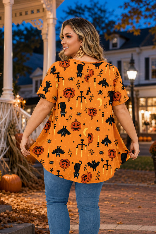 Women's Halloween Orange Swing Tunic Top – Short Sleeve, Plus Size B48
