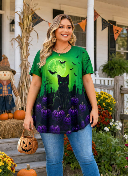 Women's Halloween Green Tunic Top – Witchy Print, Plus Size E29