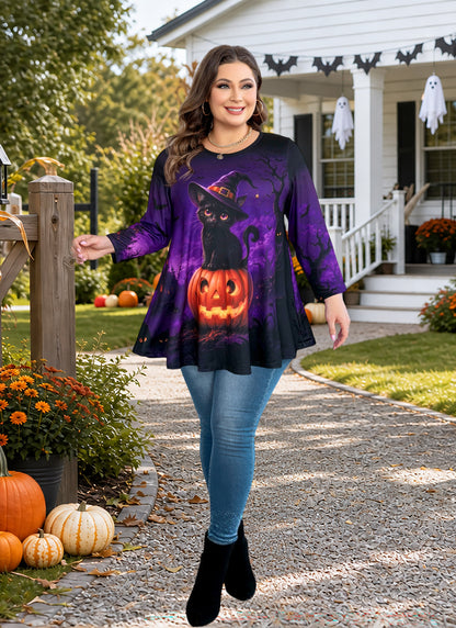 Plus Size Purple Halloween Cat Tunic Top D37