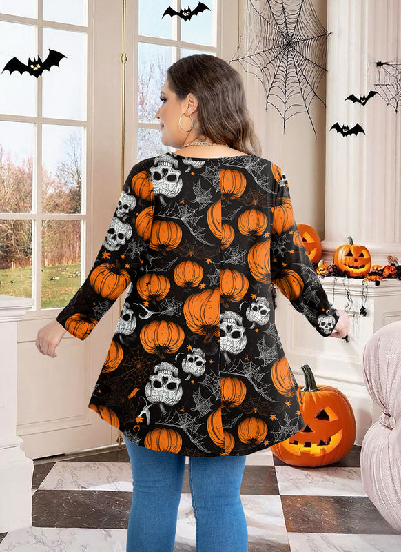 Halloween Pumpkin Skull Print Tunic Top – Women's Plus Size 3/4 Sleeve Swing Blouse (S–7XL) A44