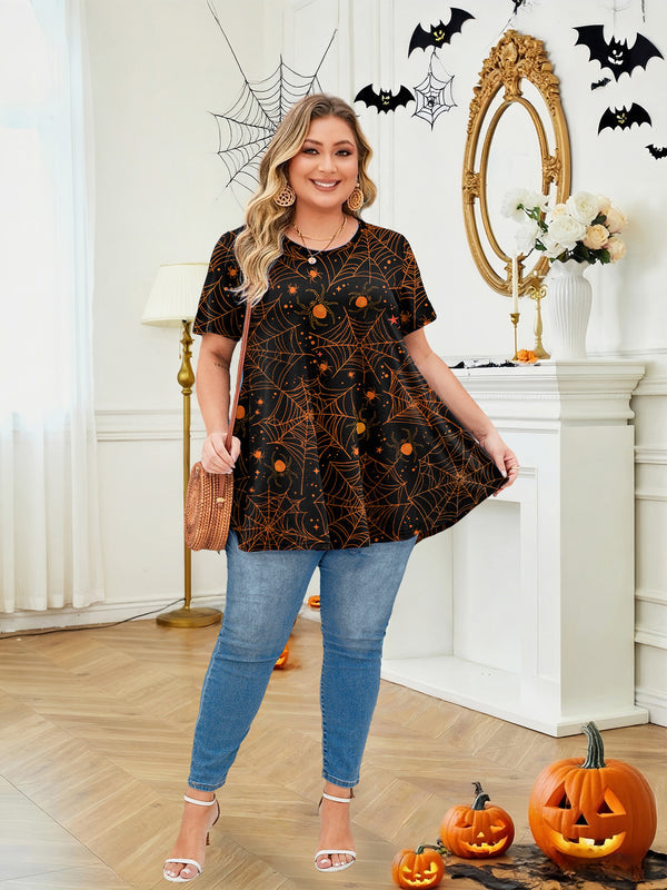 Women's Plus Size Halloween Tunic Top – Short Sleeve Festive Swing Blouse e15