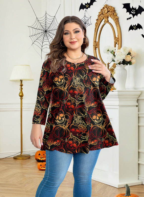 Women's Plus Size Halloween Tunic Top – 3/4 Sleeve Spooky Swing Flare Blouse d24