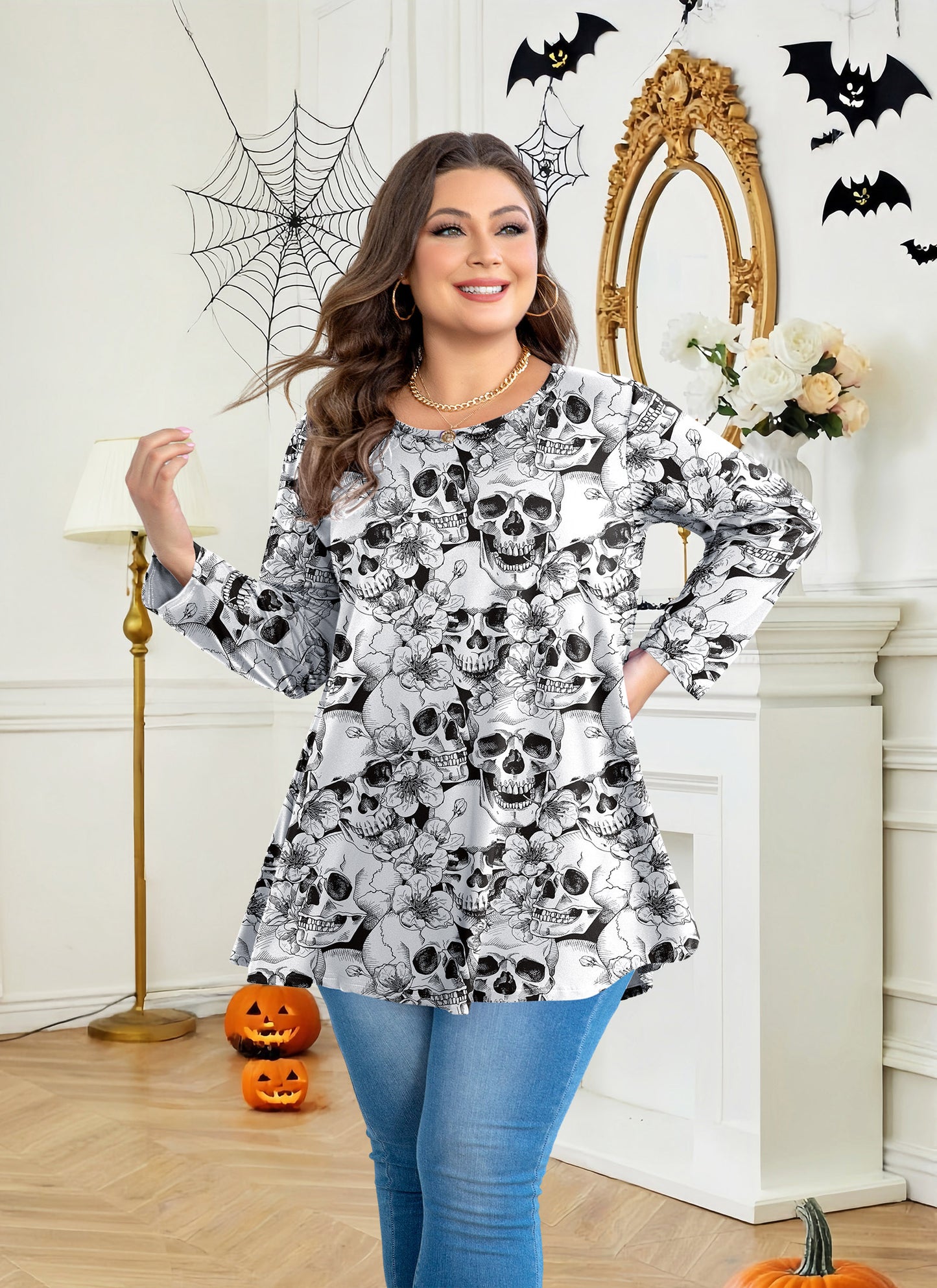 Womens Tops - Plus Size Tunics 3/4 Sleeve Loose Fit Dressy Casual Long Swing Flowy Lady Blouses Shirts Wear with Leggings Teals Blue Clothing A43 SATBWFS
