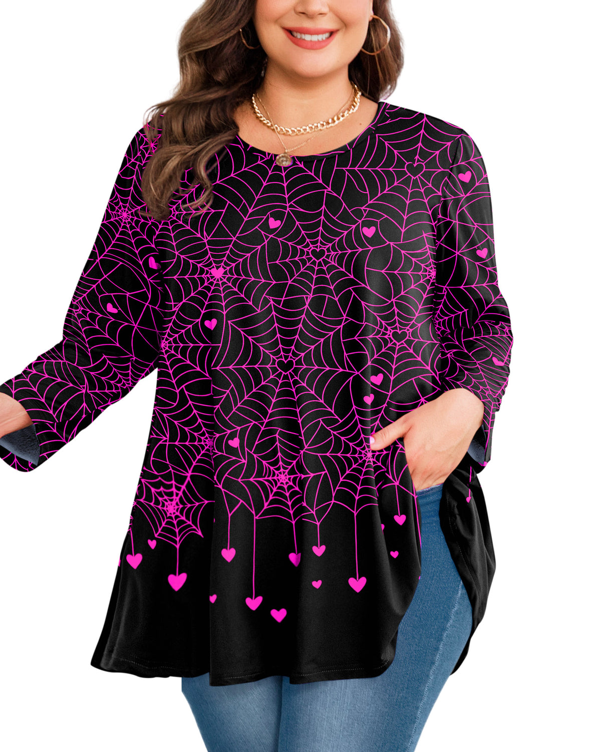 Plus Size Black & Pink Spiderweb Swing Tunic