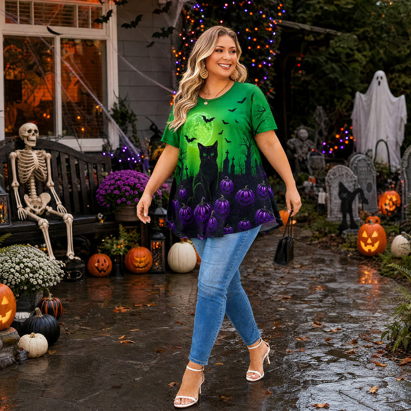 Women's Halloween Green Tunic Top – Witchy Print, Plus Size E29