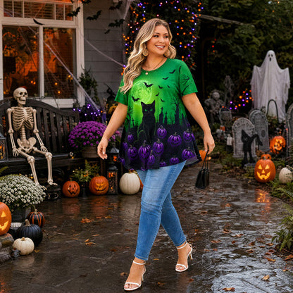 Women's Halloween Green Tunic Top – Witchy Print, Plus Size E29