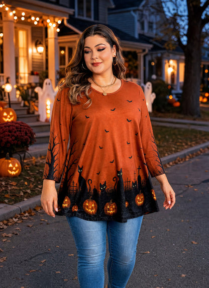 Women's Orange & Black Swing Tunic Top – 3/4 Sleeve, Plus Size D33