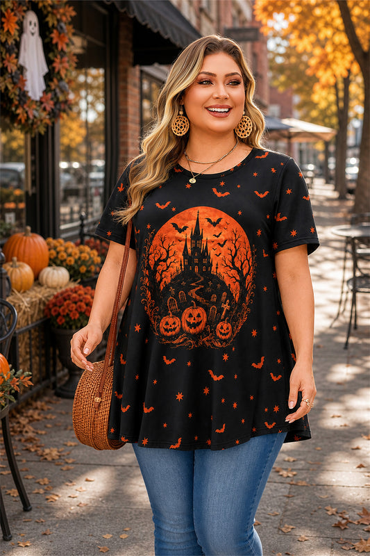 Women's Halloween Black & Orange Tunic Top – Graphic Print, Plus Size E28