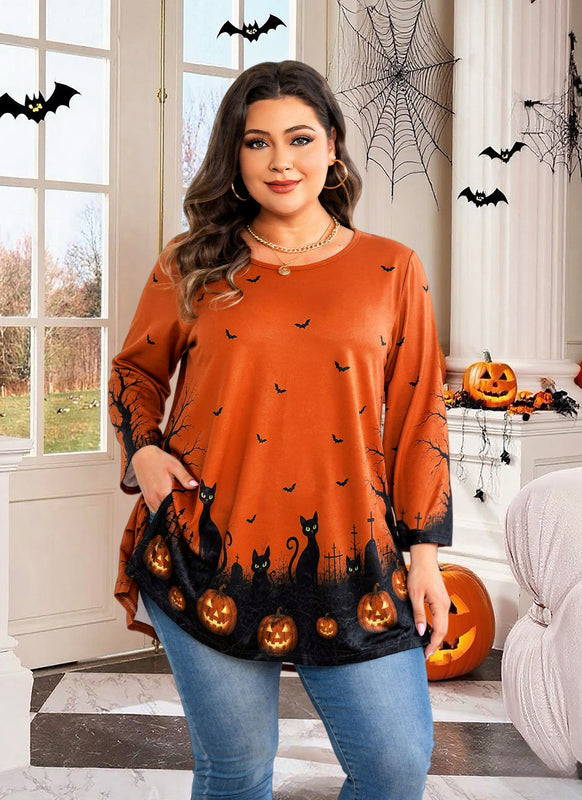 Women's Orange & Black Swing Tunic Top – 3/4 Sleeve, Plus Size D33