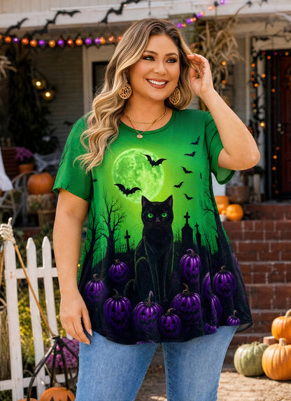 Women's Halloween Green Tunic Top – Witchy Print, Plus Size E29