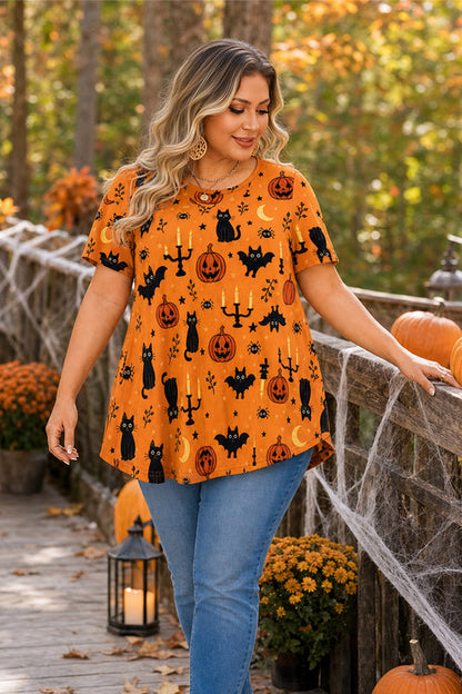 Women's Halloween Orange Swing Tunic Top – Short Sleeve, Plus Size B48