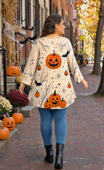 Women's Halloween Pumpkin Tunic Top – 3/4 Sleeve, Plus Size D34