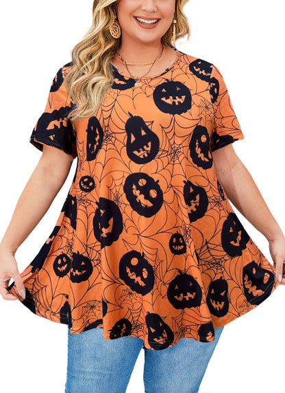 Women's Plus Size Halloween Tunic Top – Short Sleeve Swing Flare Blouse b43