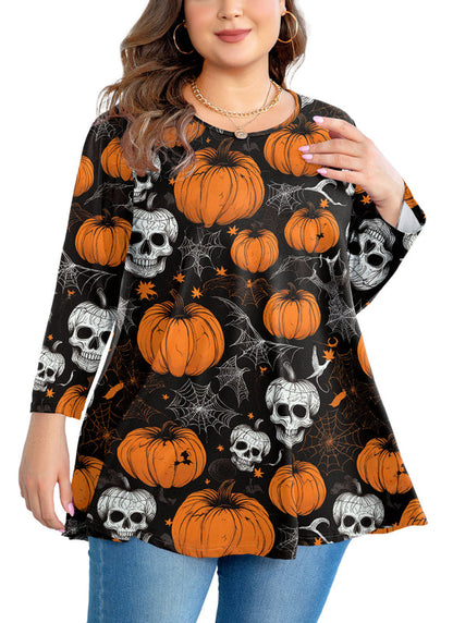 Halloween Pumpkin Skull Print Tunic Top – Women's Plus Size 3/4 Sleeve Swing Blouse (S–7XL) A44