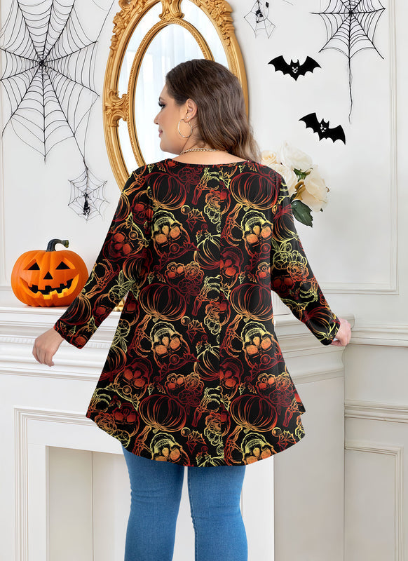 Women's Plus Size Halloween Tunic Top – 3/4 Sleeve Spooky Swing Flare Blouse d24