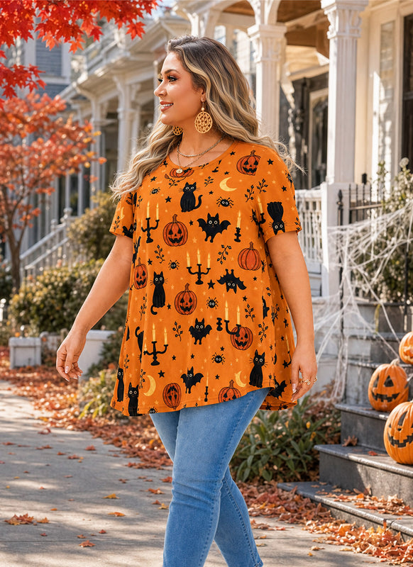 Women's Halloween Orange Swing Tunic Top – Short Sleeve, Plus Size B48