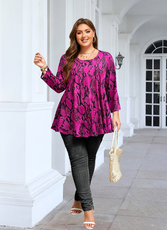 Women's Plus Size Hot Pink Snakeskin Print Tunic Top – 3/4 Sleeve Swing Flare Blouse d12