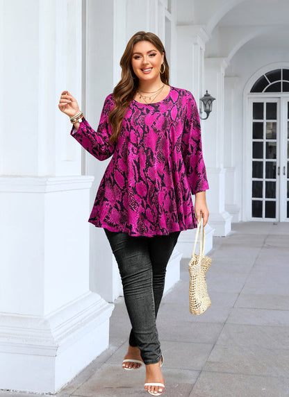 Women's Plus Size Hot Pink Snakeskin Print Tunic Top – 3/4 Sleeve Swing Flare Blouse d12